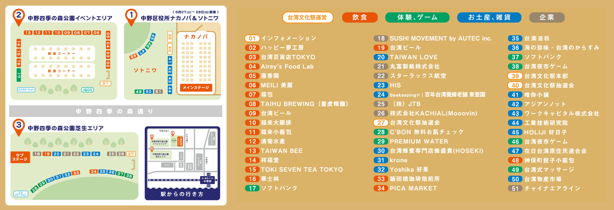 台湾文化祭2026 in 中野の会場マップ。中野区役所と中野四季の森公園の3エリアに飲食・体験・お土産の出店が配置されている