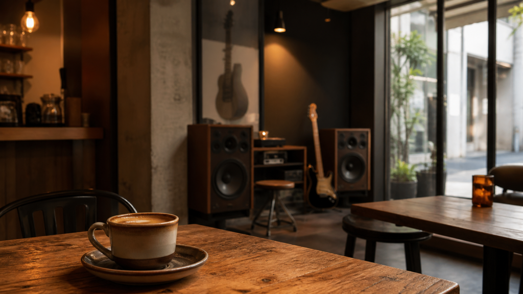 下北沢の音楽カフェをイメージしたコーヒーと木のテーブル、オーディオとギターのある空間