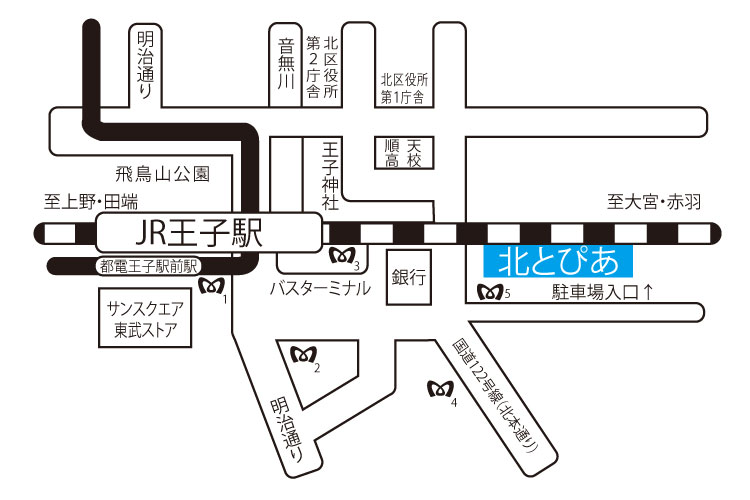 北とぴあ周辺の案内図。JR王子駅・都電王子駅前駅・バスターミナル・駐車場入口の位置