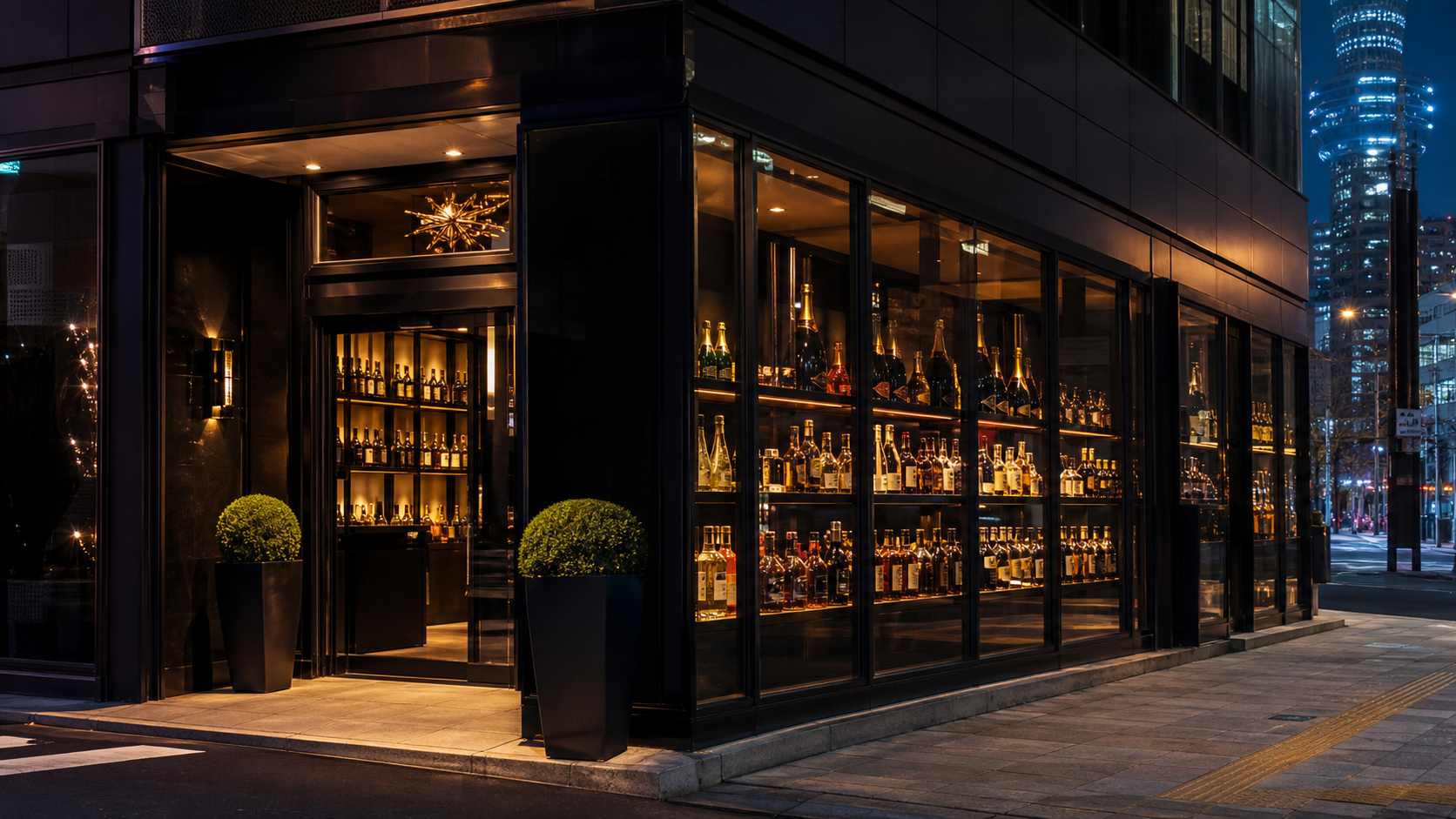 六本木のプレミアム酒専門店をイメージした夜の店舗外観