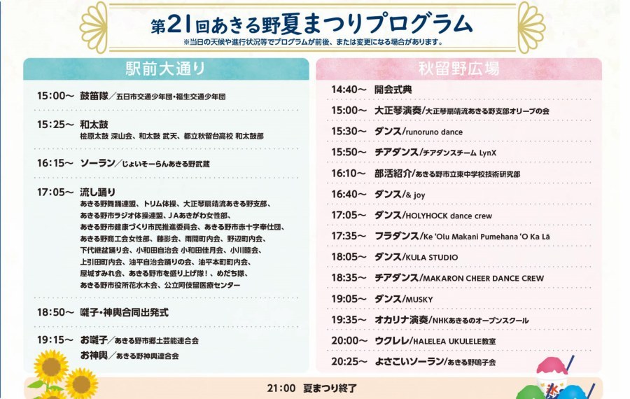 第21回あきる野夏まつりのプログラム表。左に駅前大通りの15時鼓笛隊から19時15分お囃子・お神輿までの進行、右に秋留野広場の14時40分開会式典から20時25分よさこいソーランまでの出演順が並ぶ