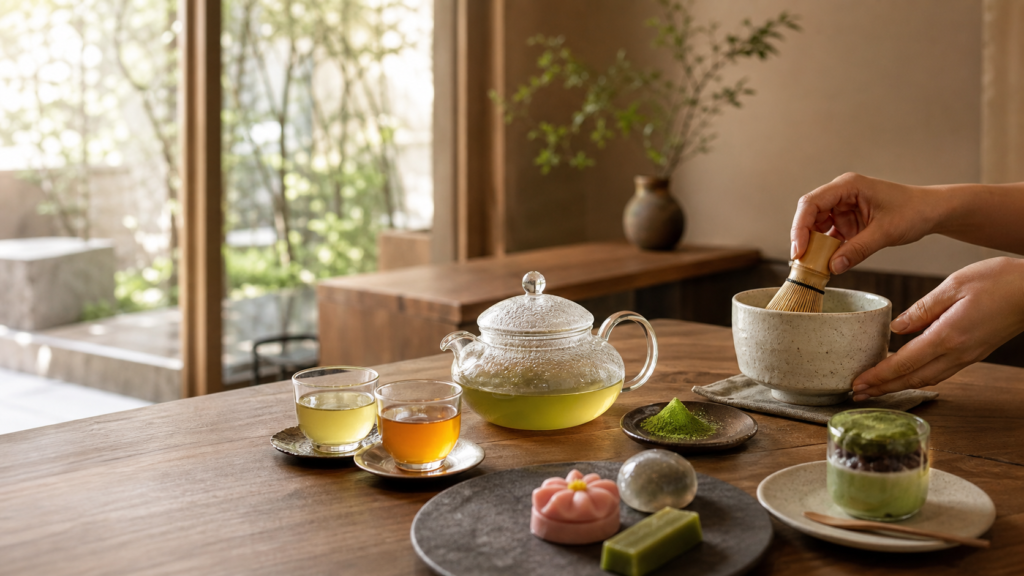 自由が丘の日本茶カフェをイメージした、急須と抹茶スイーツのテーブル