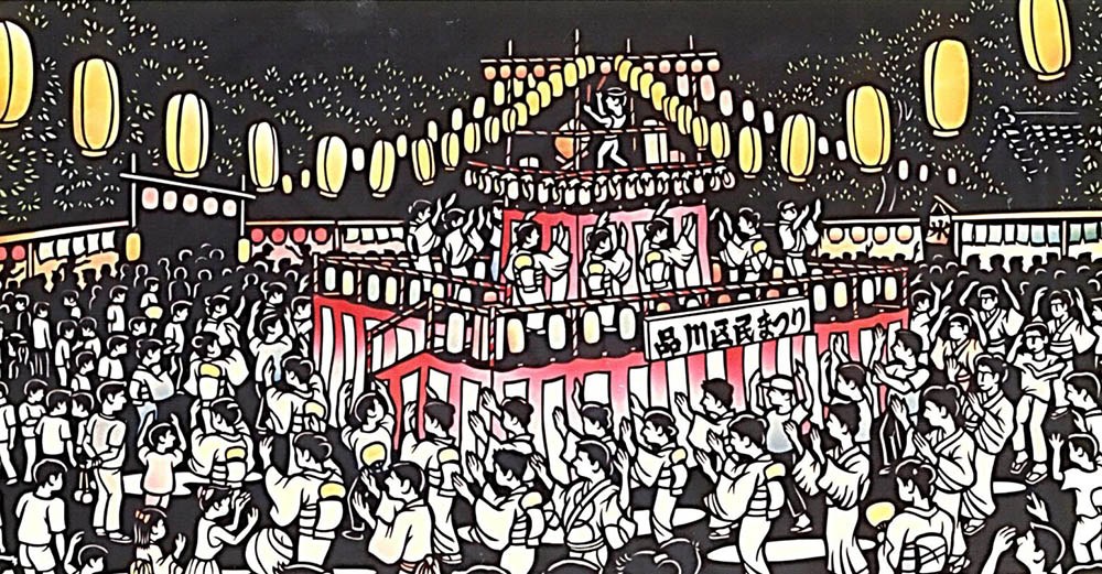提灯が並ぶやぐらの周囲を浴衣姿の人々が囲む品川区民まつり盆踊りの公式イメージイラスト
