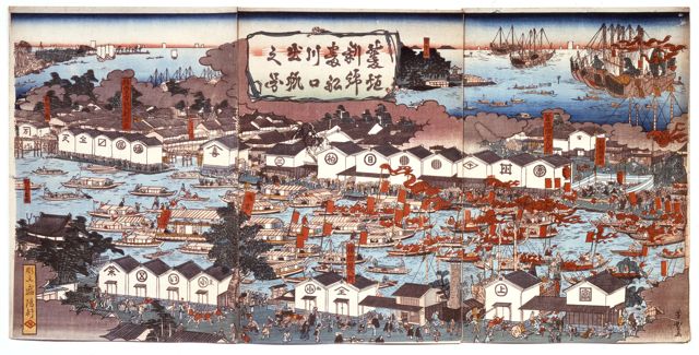 安治川の河口に帆をあげた廻船が集まる江戸時代の錦絵