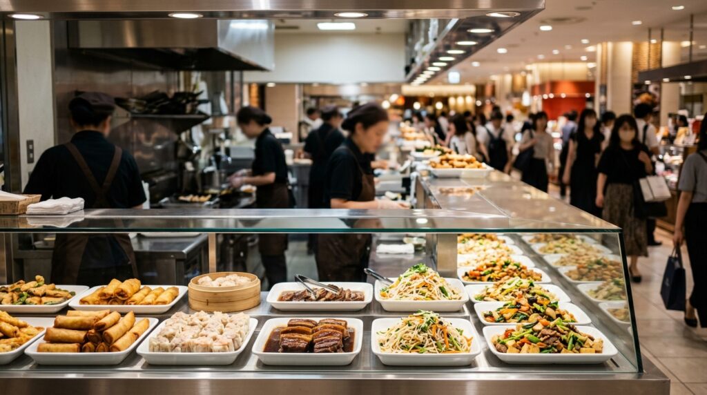 春巻き・焼売・炒め物などが白い器に並ぶ中国料理の惣菜ショーケースのイメージ画像