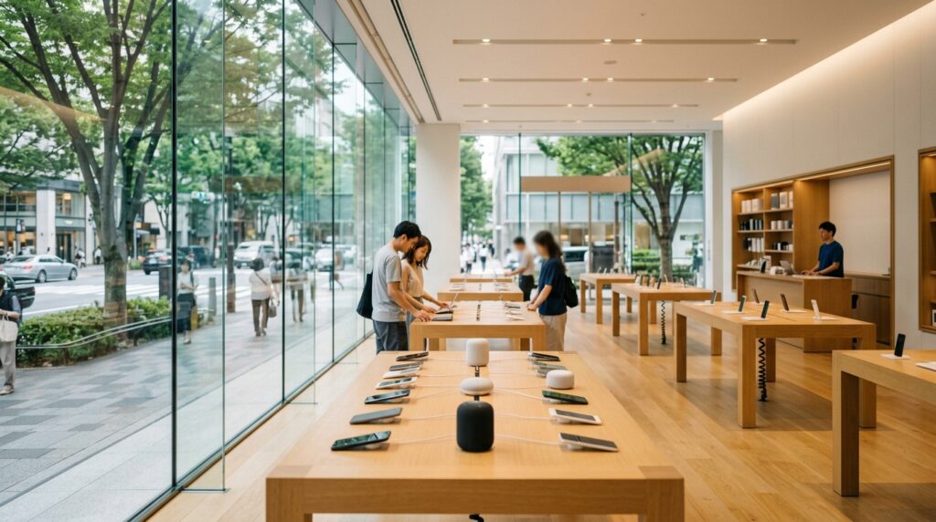 表参道の商業施設1階を想定した明るい家電ショールームのイメージ画像。木製の展示台にスマートフォンやスマートスピーカーが並ぶ