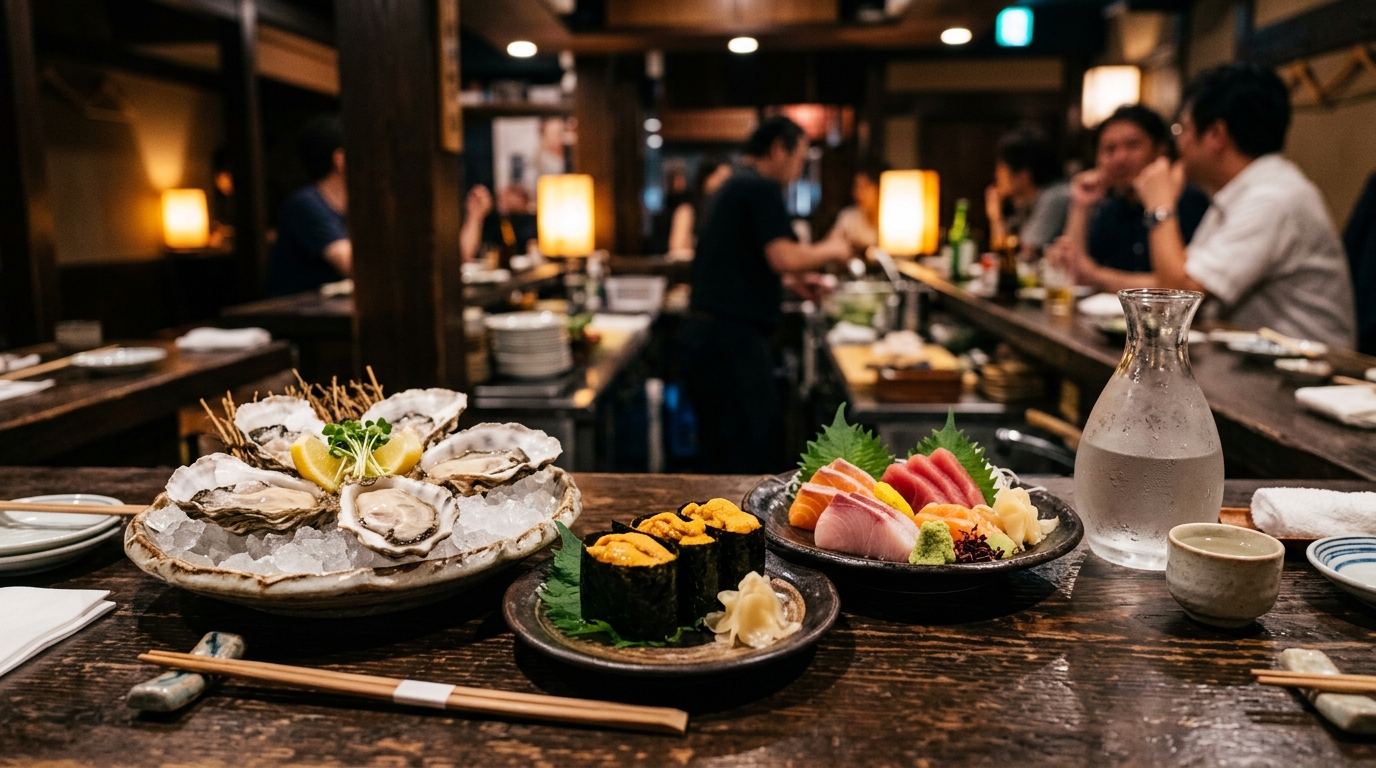 生牡蠣の盛り合わせ、雲丹の手巻き、刺身、冷酒の徳利が並ぶ和モダンな居酒屋のカウンターを想定したイメージ画像