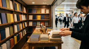駅構内の文具店で、色とりどりの布製カバーの手帳が壁一面の棚に並ぶ様子のイメージ画像