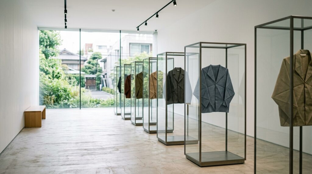 ガラスケースに折りたたまれた立体的な衣服が並ぶ、白い壁の店内を想定したイメージ画像