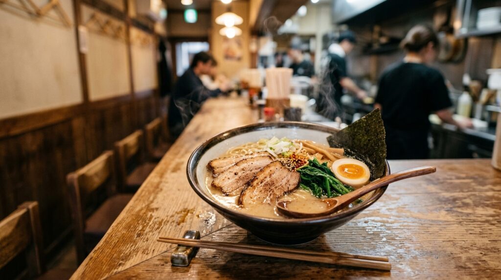 豚骨スープのラーメンを想定したイメージ画像。チャーシュー、ほうれん草、海苔、味玉がのった丼がカウンターに置かれている