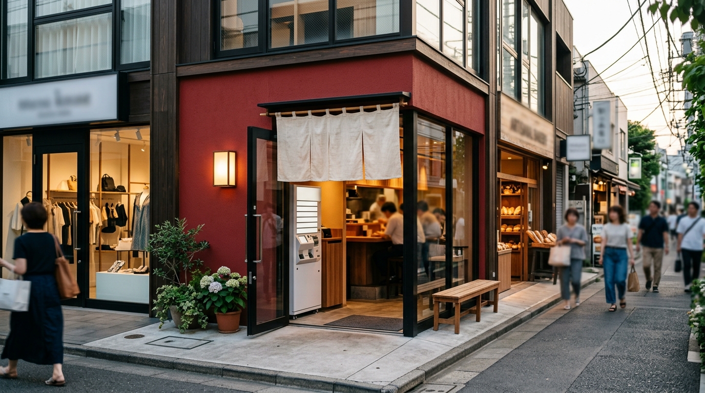 赤く塗られた外壁に無地ののれんを掛けたラーメン店の店構えを想定したイメージ画像。入口の内側に券売機が見える