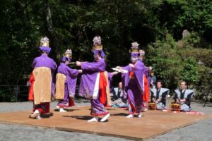 紫の振袖に瓔珞の冠をかぶった踊り手が扇を持って踊る小河内の鹿島踊。右手に笛と太鼓の囃子方