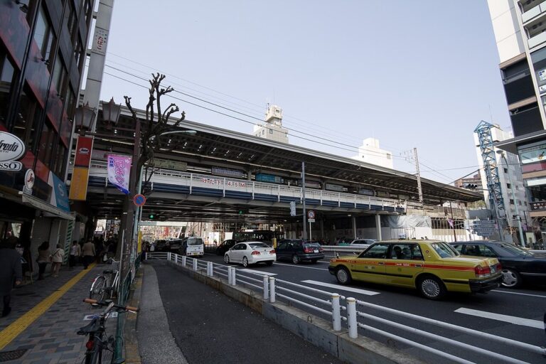 中目黒駅の高架駅舎と山手通り。手前をタクシーが走り、歩道を人が歩いている
