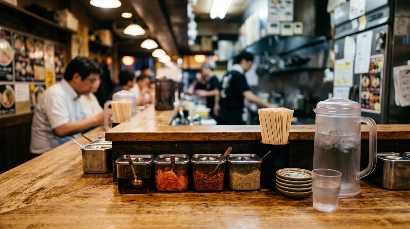 麺類の店のカウンターに無料の卓上トッピングと水差しが並ぶ様子を想定したイメージ画像