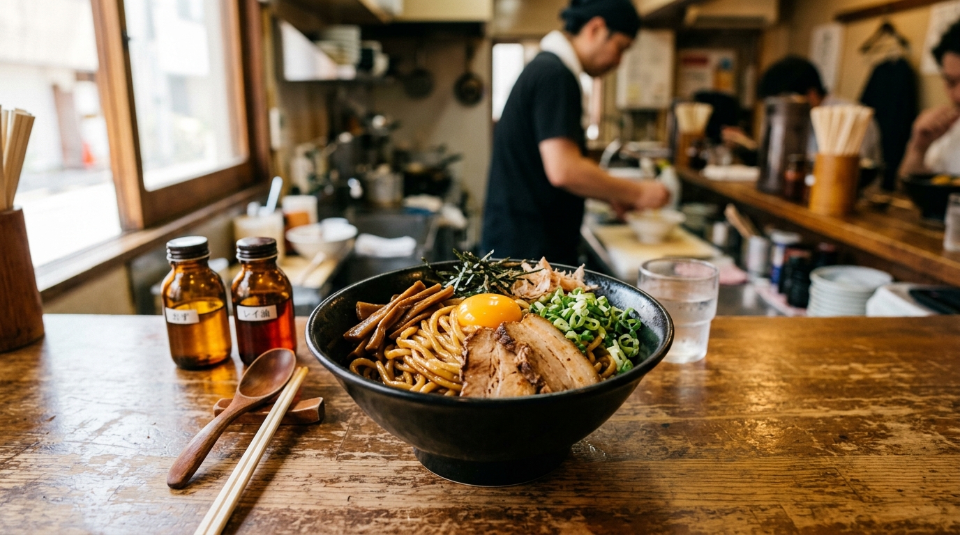 黒い丼に盛られた太麺の油そばに、チャーシュー・メンマ・青ねぎ・卵黄がのった状態を想定したイメージ画像
