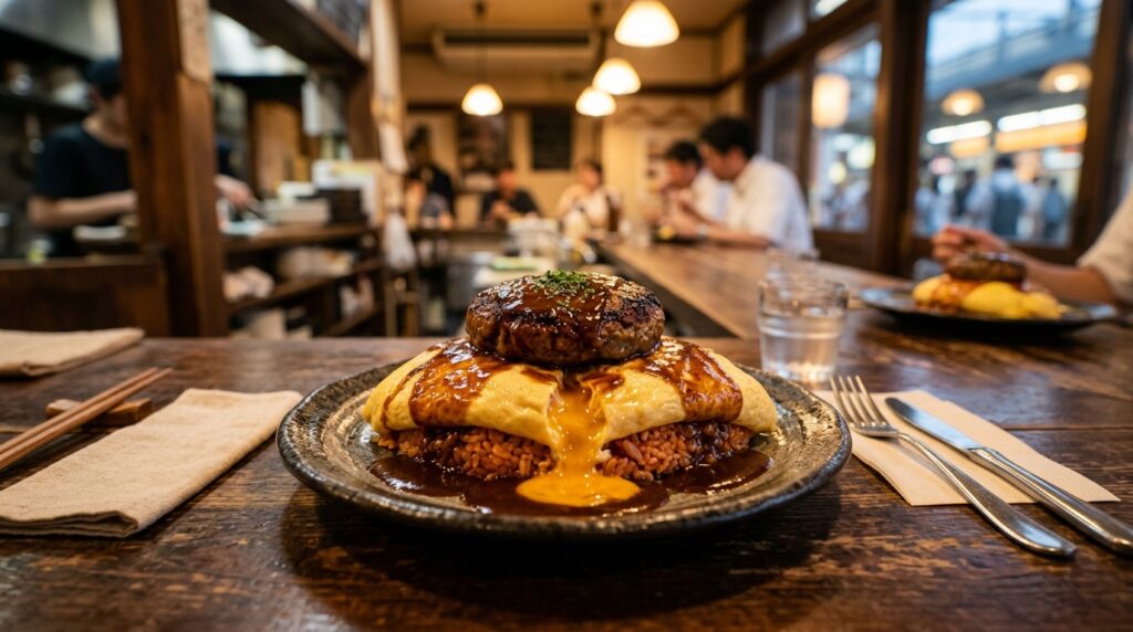 ふわりと半熟の卵をかけたオムライスに厚いハンバーグとデミグラスソースをのせた一皿のイメージ画像