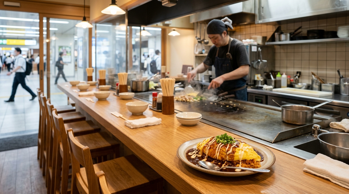 駅構内にある小さな飲食店のカウンター席と厨房を想定したイメージ画像