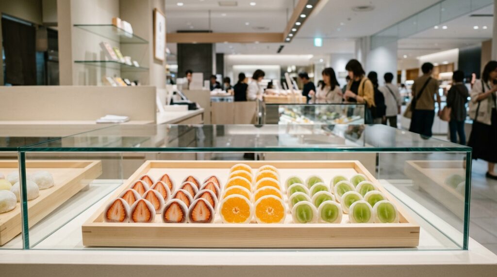 ガラスケースの中に、いちご・みかん・ぶどうのフルーツ大福が断面を見せて並ぶ和菓子売り場のイメージ画像