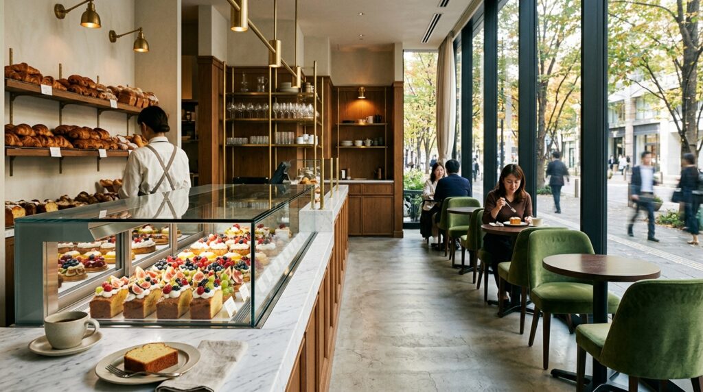 果物とクリームで飾ったパウンドケーキのショーケースとパンの棚、緑の椅子のカフェ席が並ぶ店内のイメージ画像