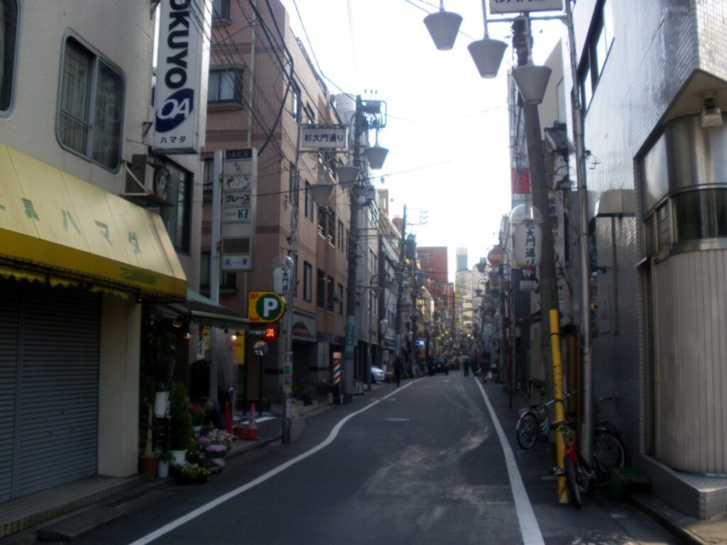杉大門通りの道路標識と提灯型の街灯が連なる通り