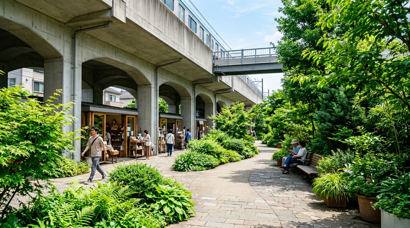 鉄道高架の下に店舗が並び、脇に植栽とベンチのある緑道が続く様子を想定したイメージ画像。夏の日ざしが差している