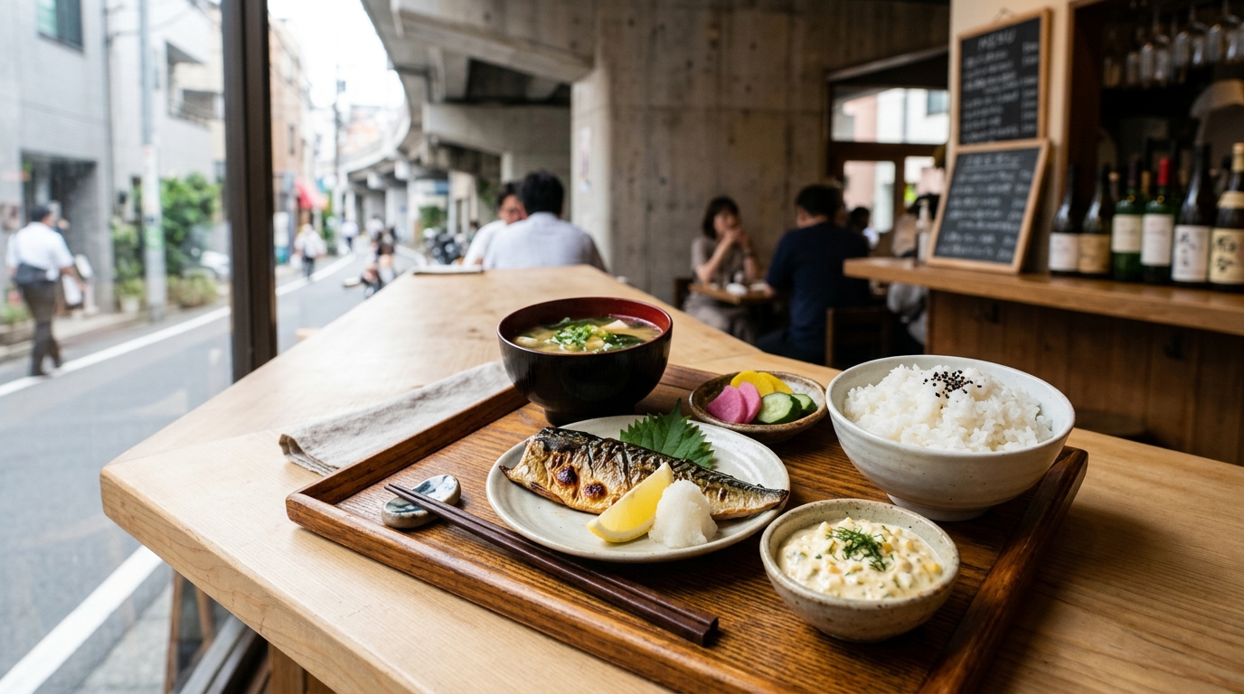 焼魚・ご飯・味噌汁・漬物・タルタルソースを盛った定食のトレーを想定したイメージ画像。高架下の食堂のカウンターに置かれている