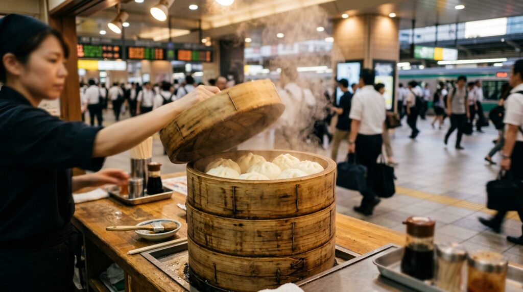 駅構内の販売カウンターでせいろの蓋を開け、湯気の立つ豚まんが並ぶ様子を想定したイメージ画像