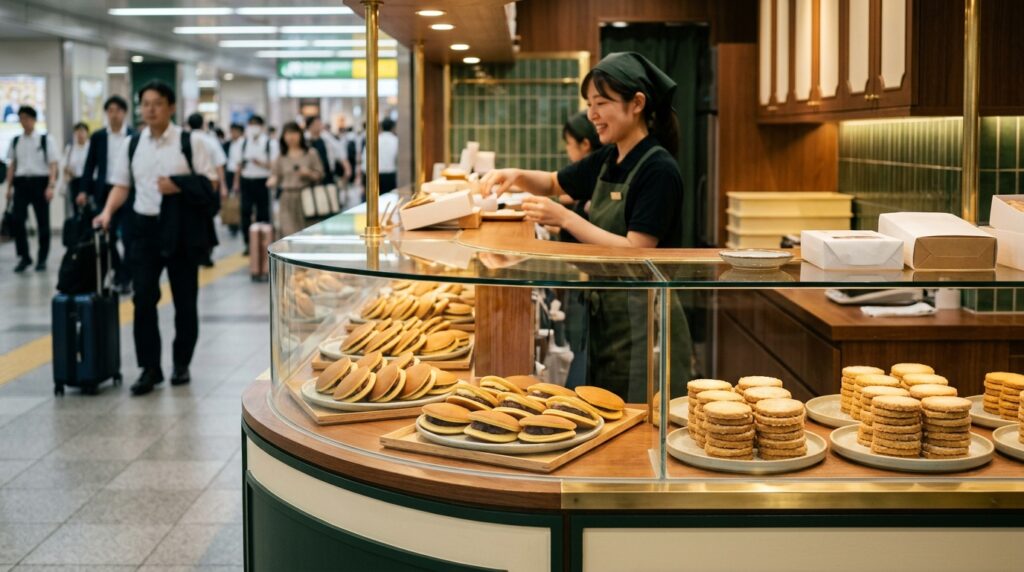 駅構内の菓子売り場で、どら焼きとバタークッキーがガラスケースに並ぶ様子のイメージ画像