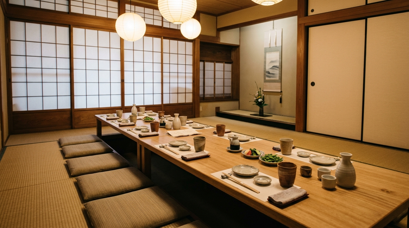 和食店の個室を想定したイメージ画像。10人ほどが座れる長い座卓に取り皿と徳利が並び、障子で仕切られている