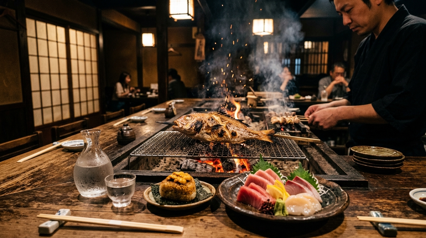 炉端焼きのカウンターを想定したイメージ画像。炭火で魚を一尾焼き、刺身の盛り合わせとうにのおにぎり、日本酒が並んでいる