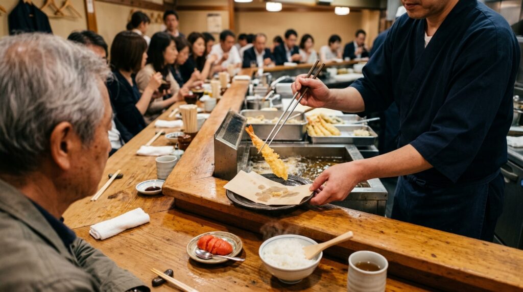 カウンター越しに揚げたての海老天を客の皿へ運ぶ天ぷら店のイメージ画像