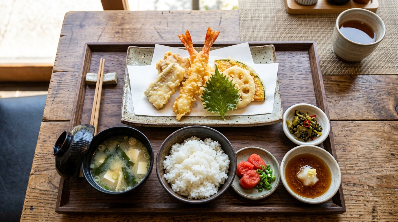 天ぷら・明太子・高菜・ごはん・味噌汁が並んだ定食の膳を真上から見たイメージ画像